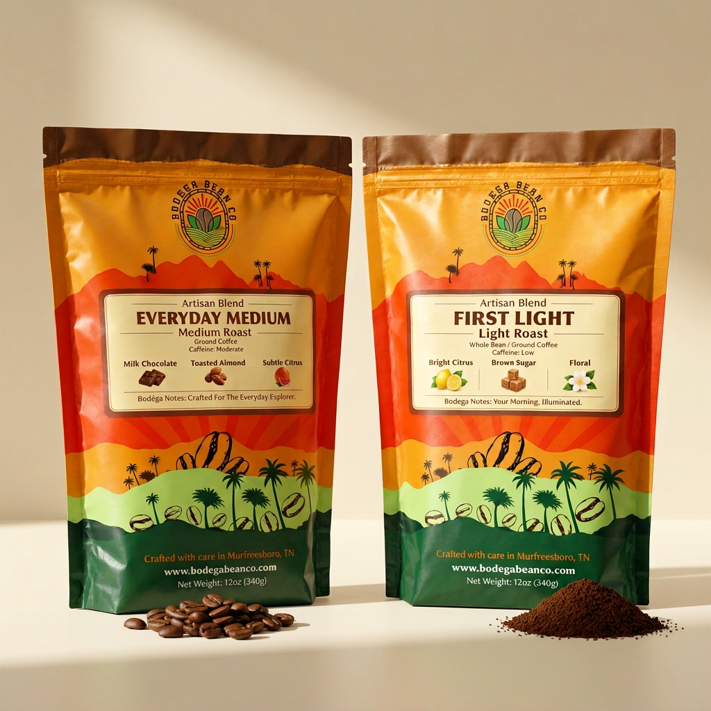 Daily Duo with whole beans in front of Everyday Medium and ground coffee in front of First Light