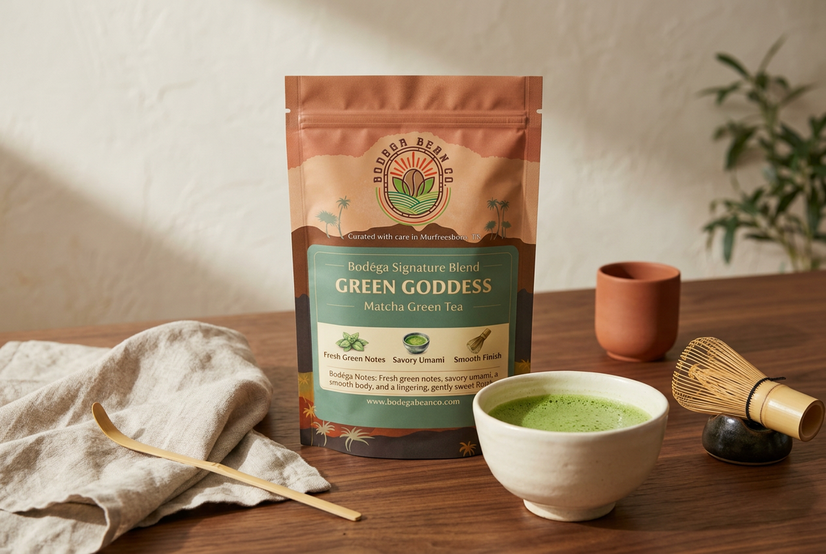 Green Goddess Matcha lifestyle image with warm walnut, handmade ceramics, and natural window light